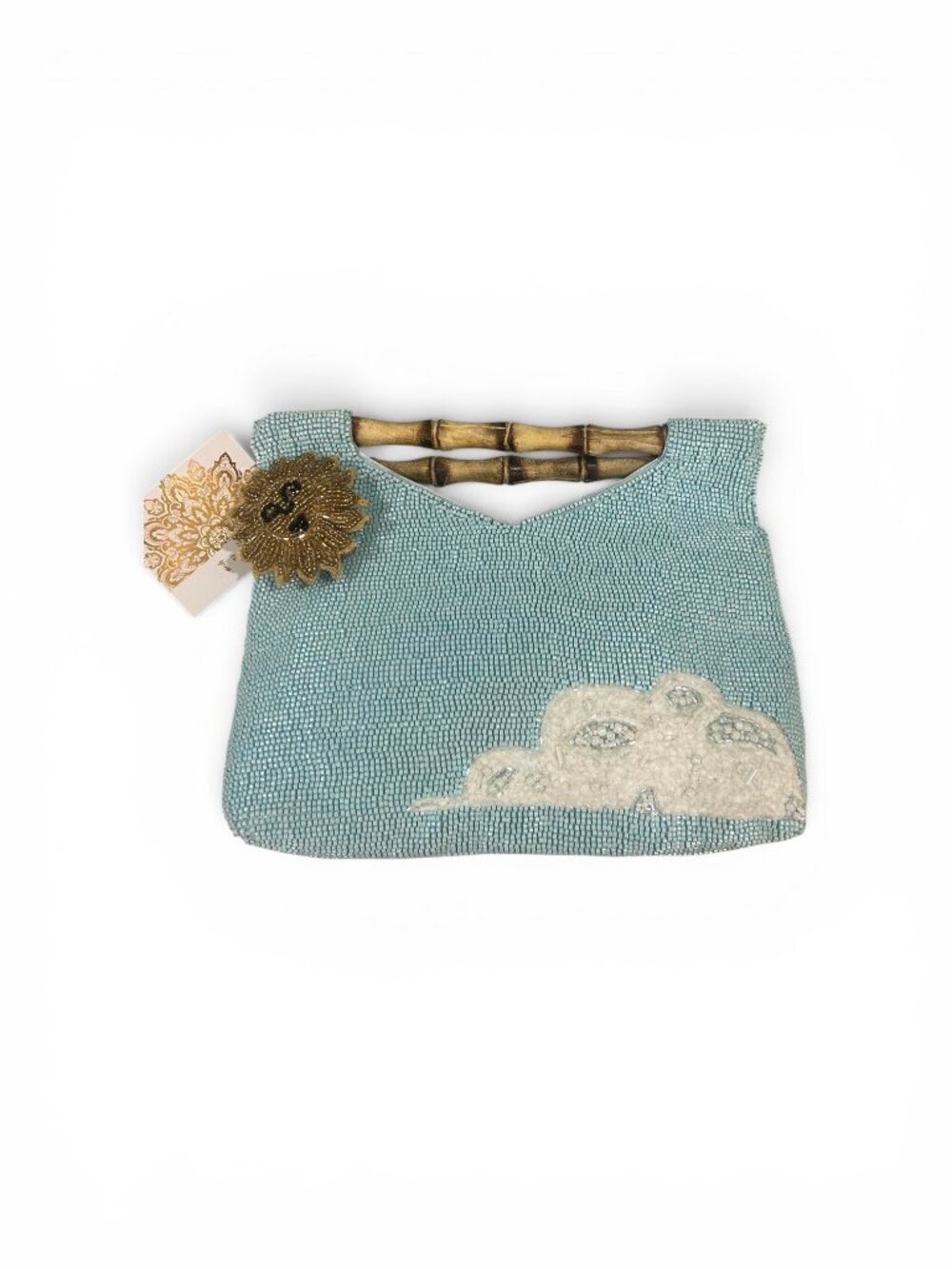 New Release Handcrafted in India Beaded Bag Clouds Sun Charm Bamboo Handles NWT - Picture 4 of 7